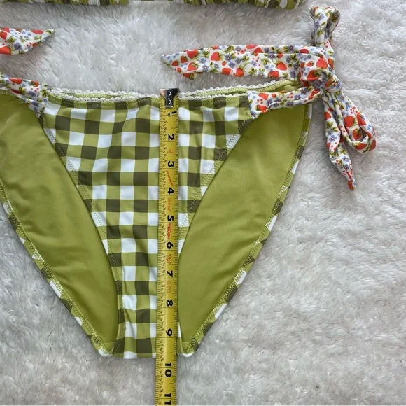 Aerie green gingham strawberry flora print tie triangle bikini set - Picture 8 of 8